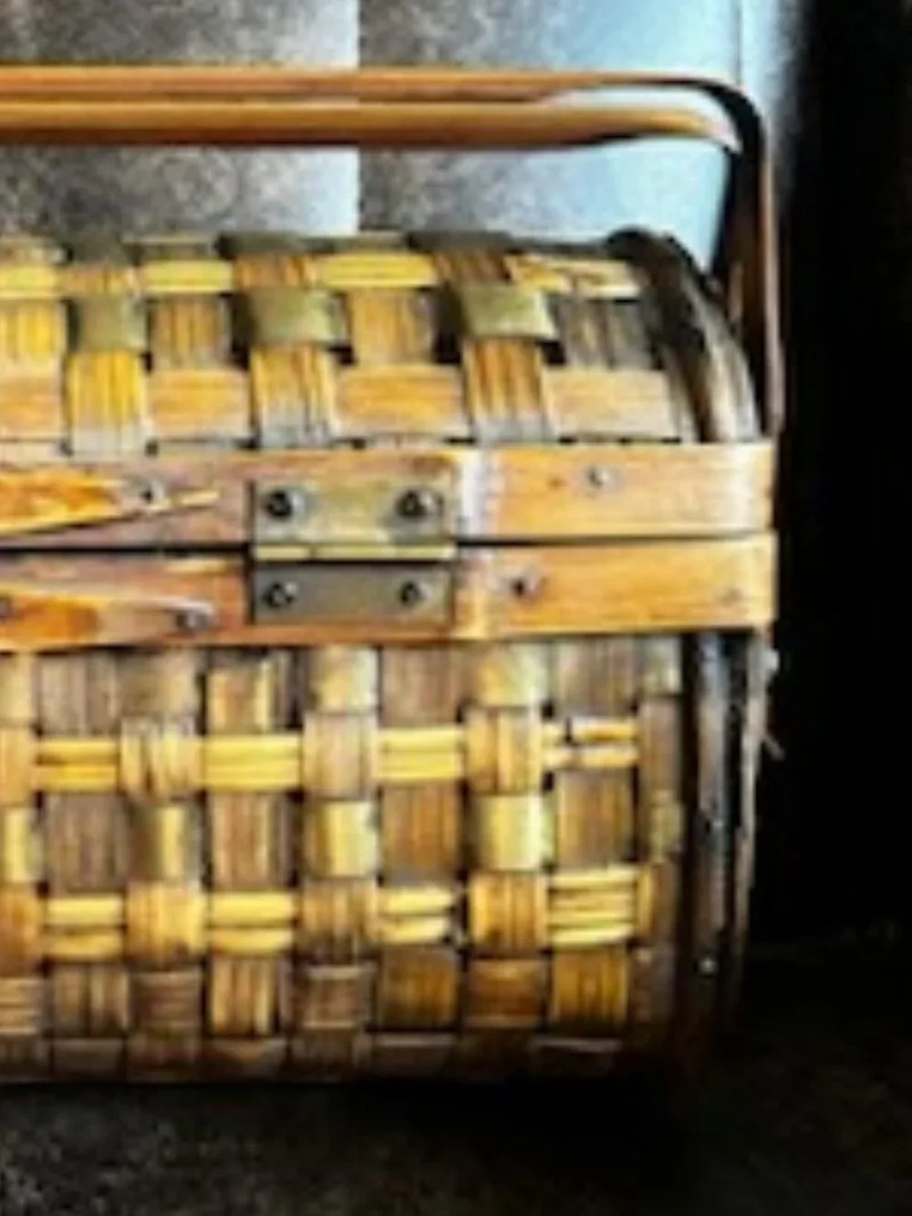 Vintage Woven Wood Basket with Hinged Lid & Double Handles